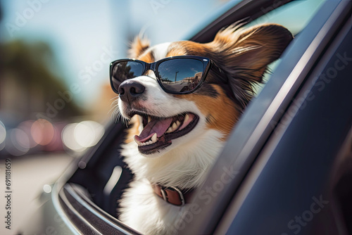 A dog driving in the car with sunglasses on and with wind in the fur © Mayava