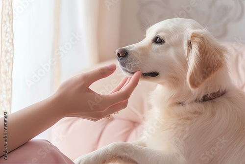 A woman is petting a dog