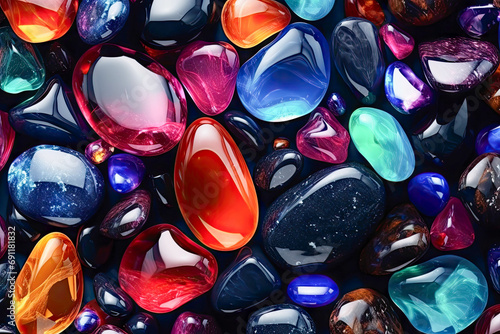 Gemstones on a black background. Colorful and magical stones.