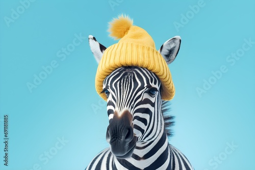 Portrait of zebra isolated on pastel blue background with copy space. Creative concept of winter studio photo.  © Milosc