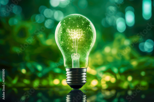 Green renewable energy innovation light bulb with future sustainable industry concept