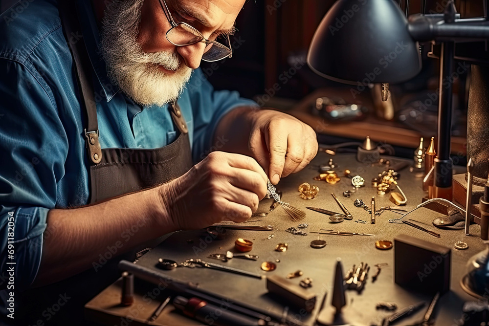 An experienced master jeweler in the process of working on a new unique ring with natural stone An experienced master jeweler in the process of working on a new unique ring with natural stone