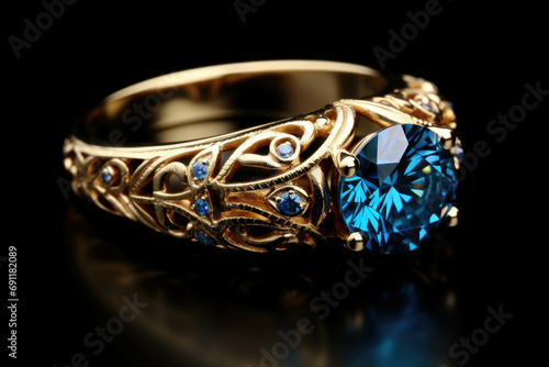 Luxurious gold ring with blue sapphire, vintage, isolated on black background