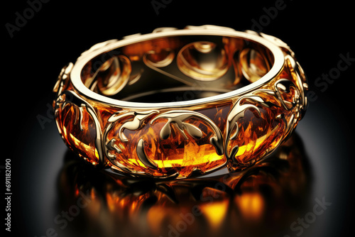Luxurious gold ring with amber, vintage, isolated on black background