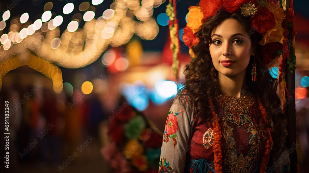 Portrait of woman in traditional dress at city festival fair at night, AI Generated