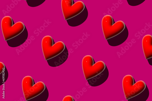 volumetric red heart on dark pink background pattern