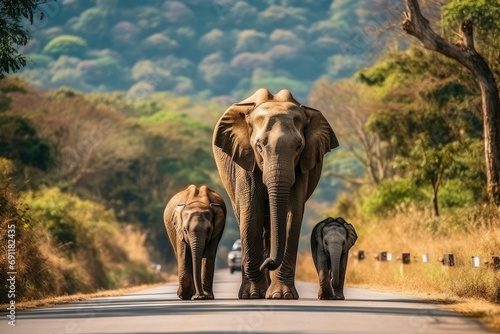Wild female elephants with baby elephant from the deep jungle come out to walking on road that cross into the big mountain, Thailand. Family wild elephant walking and crossing the paved road