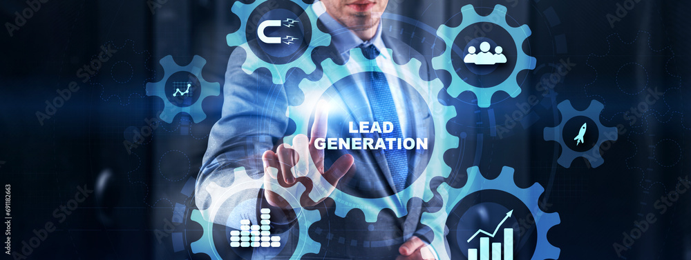 Lead Generation Concept On Cogwheels. Business Finance