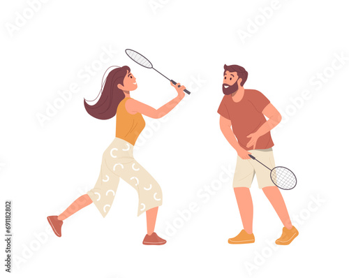 Happy man and woman couple cartoon characters playing badminton outdoors having funny pastime