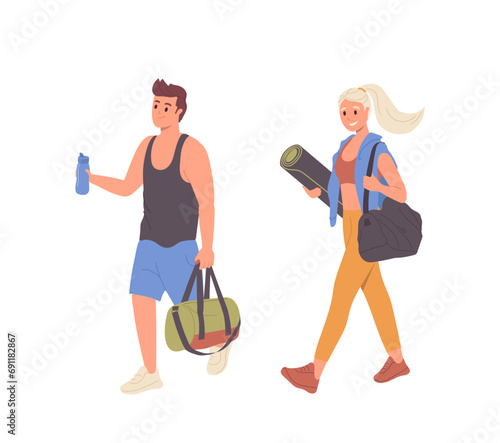 Happy young fitness man and woman cartoon characters going for sports vector illustration