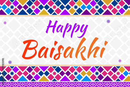 Happy Baisakhi colorful traditional background design with shapes and typography greetings in the center. South Asian cultural festival concept backdrop photo