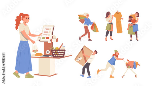People shopping activity isolated set with happy man and woman cartoon characters doing purchases