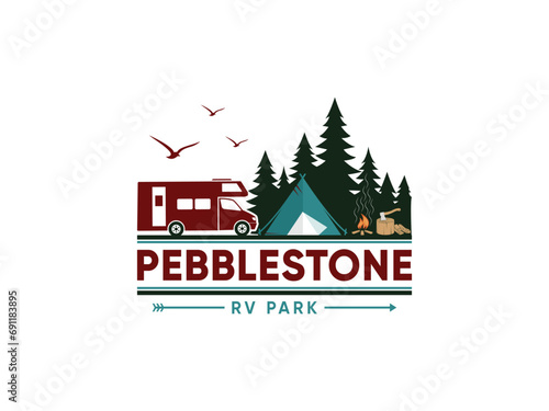 Wallpaper Mural outdoor adventure camping logo with a combination of a campervan, mountains, lake, and RV logo for any business. Torontodigital.ca