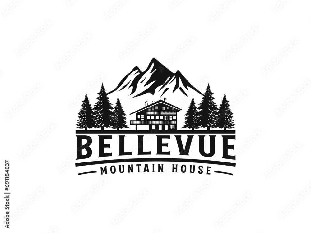 outdoor hotel Cabin rental logo design with landscape and farm vector Blcak and white template