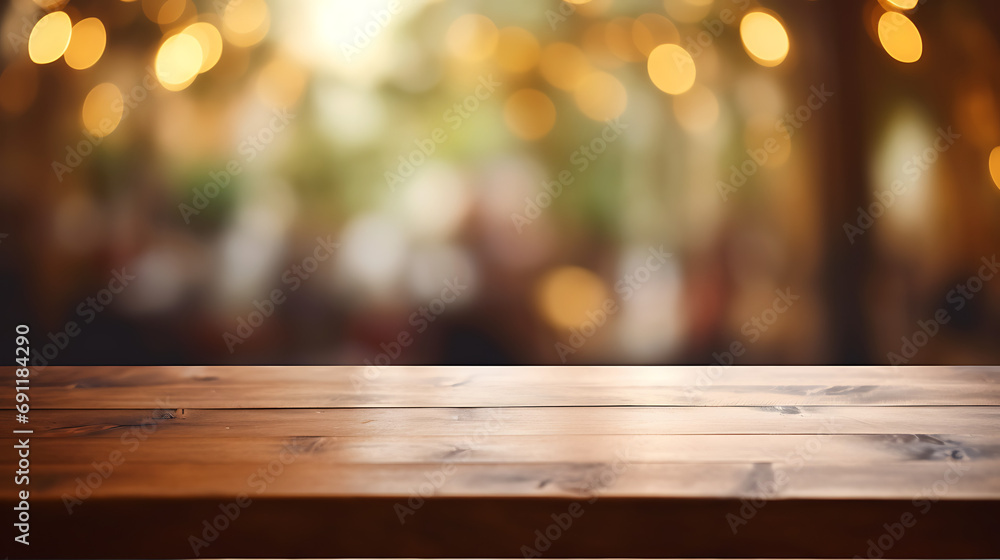 Empty wooden table with bokeh background