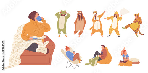 Hygge set with people cartoon characters wearing cozy animal pajamas, relaxing, reading, warming
