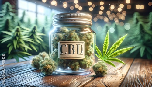 Closeup of glass jar full of marihuana buds with text CBD on wooden table, medical marijuana concept, background photo