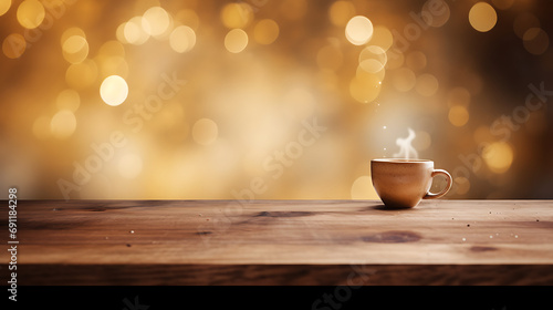 Cup of coffee on wooden table with abstract warm lights in bokeh background 