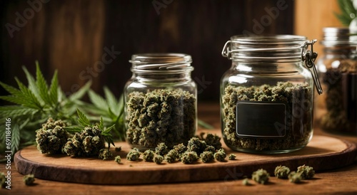 Closeup of glass jar full of marihuana buds on wooden table, medical marijuana concept, background