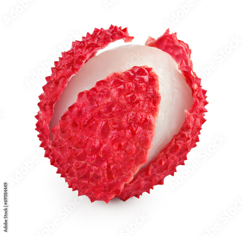 one fresh lychee isolated on white background. macro. clipping path