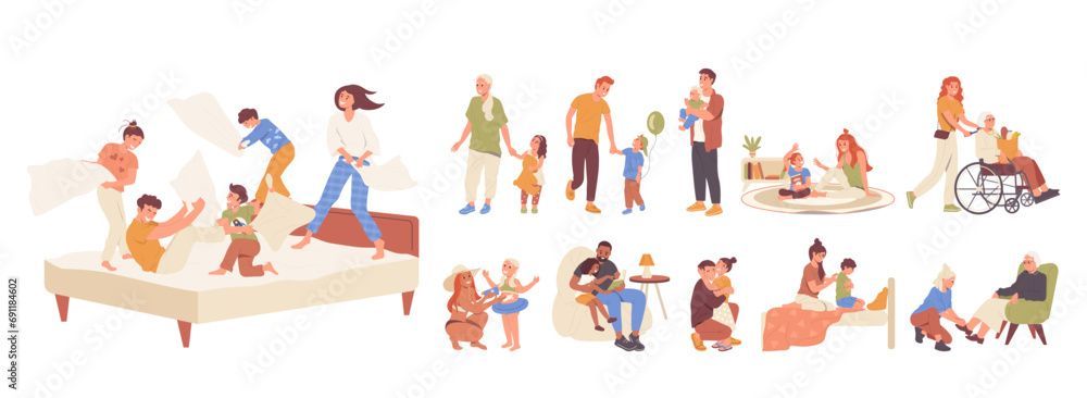 Family set with happy parents, children having fun, spending time together, caring elderly relatives