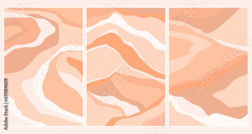 A set of vertical abstract posters with silhouettes of uneven lines in trendy delicate peach colors. Vector graphics.