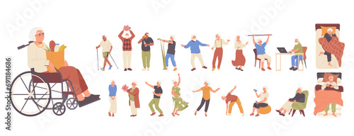 Elderly people set with happy retired man and woman daily routine activities, hobby and leisure time