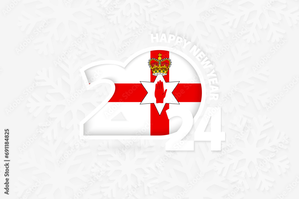 New Year 2024 for Northern Ireland on snowflake background. New Year 2024 for Northern Ireland on snowflake background.