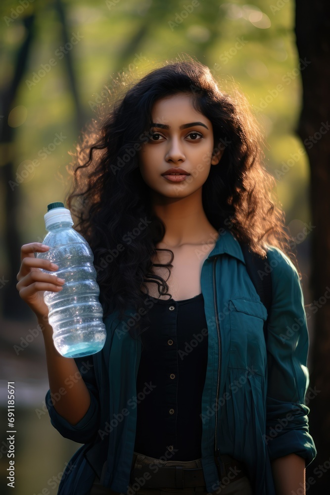 young Indian woman held up a plastic bottle
