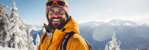 man on hill smiling in ski helmet and jacket, generative AI