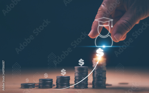 Принти на полотні Money cost saving or money reserve for goal and success in college or university degree, Coins stack step with arrow up for increase value of saving money for expenses until graduation