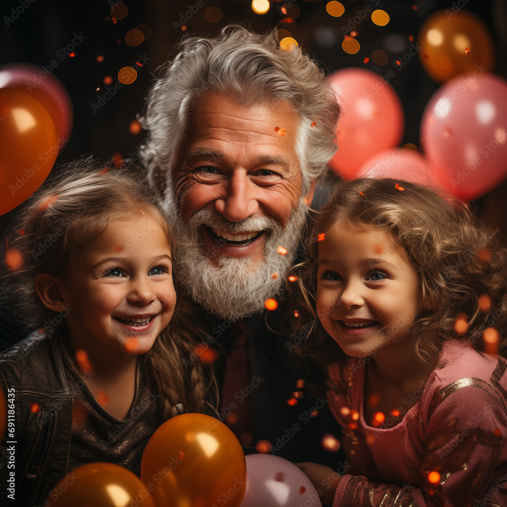 Dzień Dziadka w barwach uśmiechu to obraz przedstawiający szczęśliwego dziadka z wnukami, rodziną. Atmosferę uroczystego przyjęcia nadają kolorowe balony w tle i konfetti.  - obrazy, fototapety, plakaty 