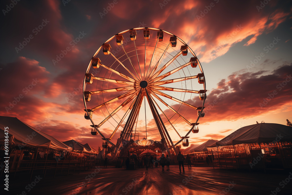 enchanting photo in minimalistic cinematic style capturing the Ferris wheel in motion, creating a dreamy and charming visual narrative, photo