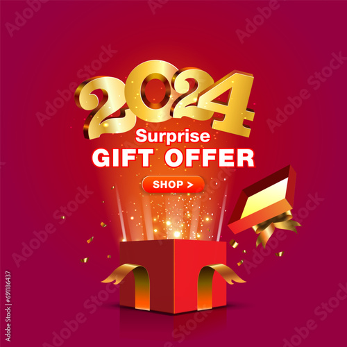 Sale and offer concept with surprise Gift box. 3d open Gift box and 2024 number design.