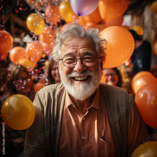 Dzień Dziadka w barwach uśmiechu to obraz przedstawiający szczęśliwego dziadka z wnukami, rodziną. Atmosferę uroczystego przyjęcia nadają kolorowe balony w tle i konfetti. 