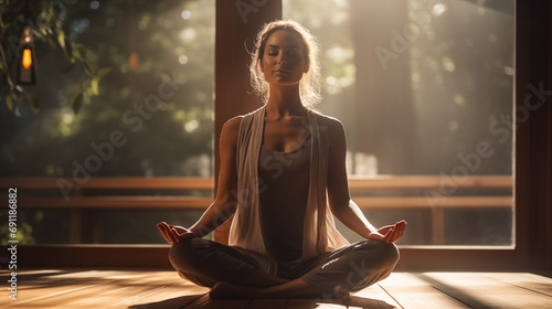 Woman meditating in yoga studio