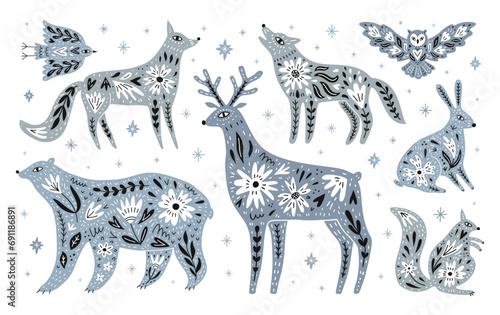 Forest animals and birds with floral patterns design set. Winter ornate bear, wolf, squirrel, deer, fox, hare and owl vector EPS 10 scandi style illustrations on the winter snowflake.