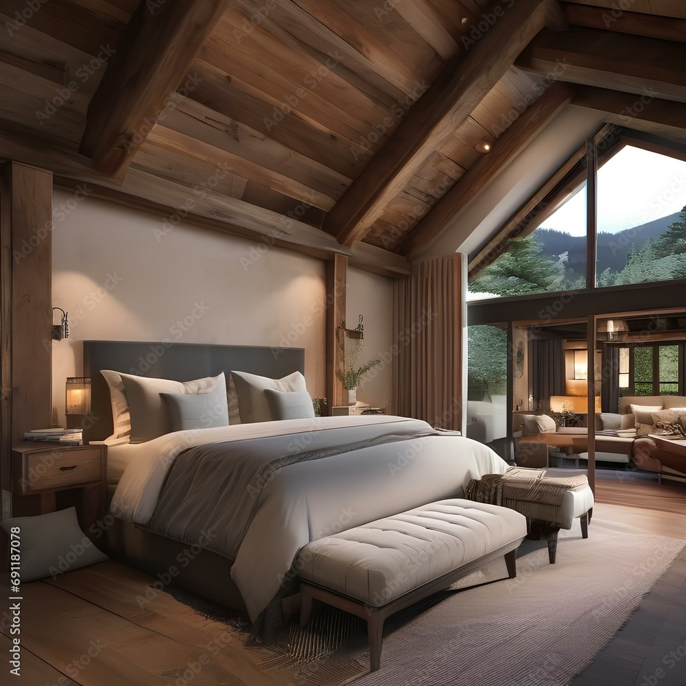 A cozy cabin-style bedroom with exposed wooden beams and a stone fireplace2 A cozy cabin-style bedroom with exposed wooden beams and a stone fireplace2