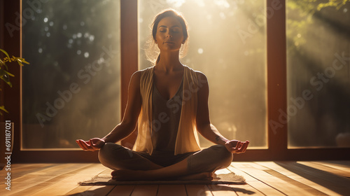 Woman meditating in yoga studio photo