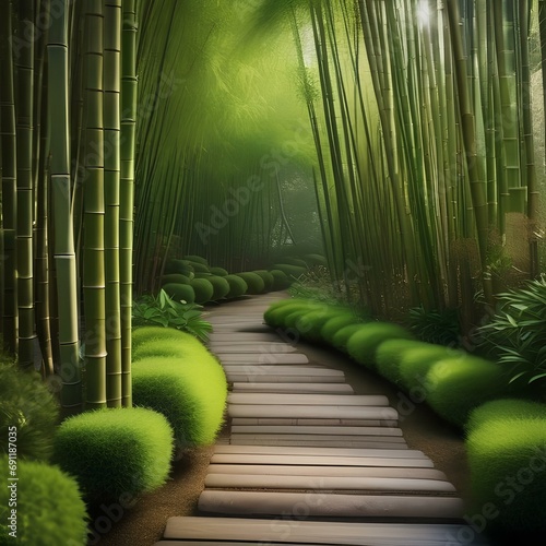 A serene Japanese bamboo garden with bamboo groves and peaceful pathways3 photo