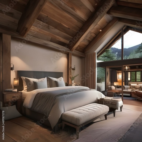 A cozy cabin-style bedroom with exposed wooden beams and a stone fireplace2
