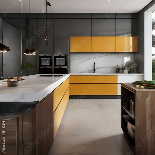 A contemporary kitchen with high-gloss cabinets, a breakfast bar, and pendant lights2 photo