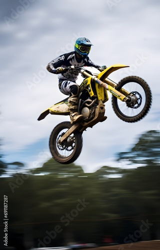 a man rider riding a sport dirt bike in a race doing jumping stunt in the air © DailyLifeImages