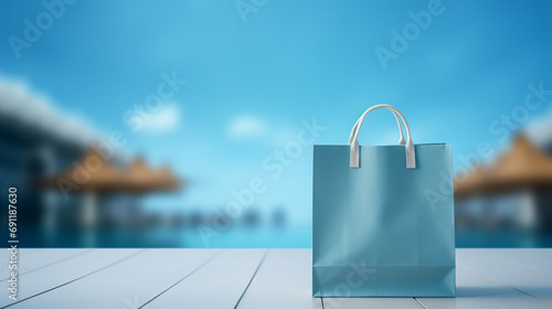 Paper shopping bag set against calming blue backdrop, AI Generated photo