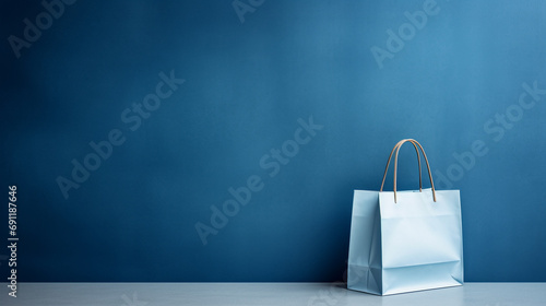 Paper shopping bag set against calming blue backdrop, AI Generated photo