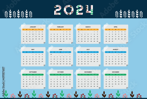 Colorful 2024 English calendar template plan and organize events vector