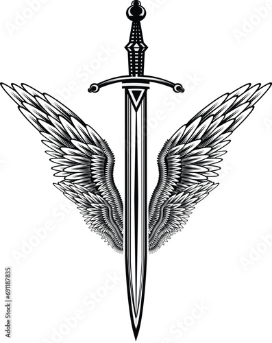 Sword with wings. Guard. Design element for logo, label, emblem, sign, badge and tattoo