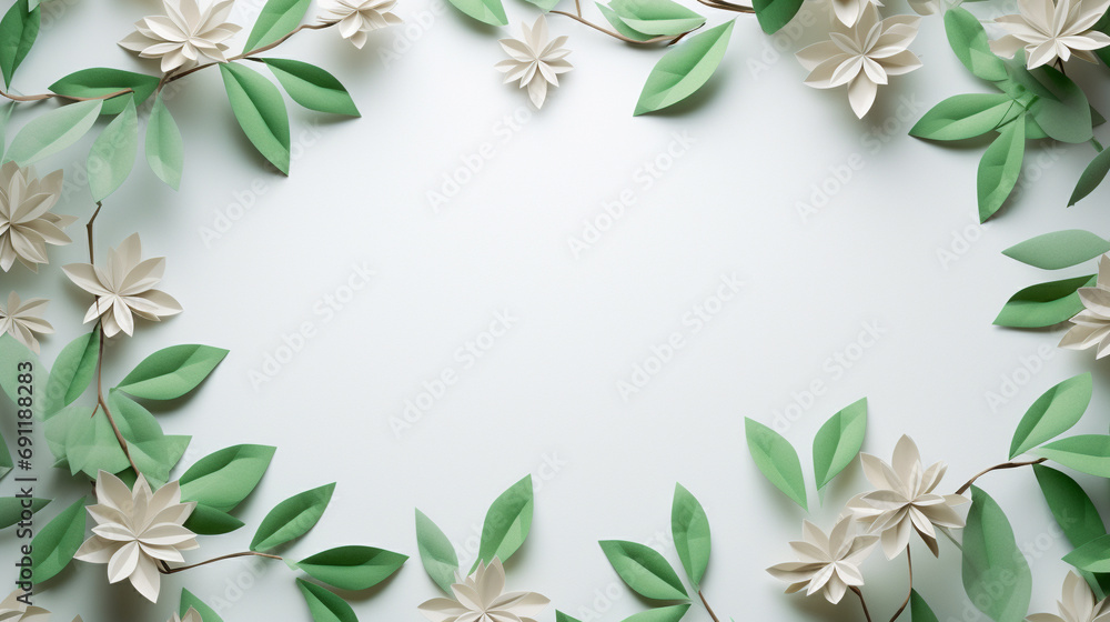 Delicate and artistic image of green minimal paper leaves frame crafted in origami sakura style, AI Generated