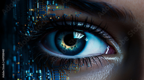 Futuristic and captivating image of woman's eye enhanced with cybernetic blue hues and reflecting intricate computer code, Human and digital elements, AI Generated