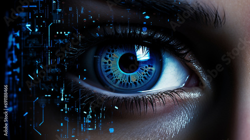 Futuristic and captivating image of woman's eye enhanced with cybernetic blue hues and reflecting intricate computer code, Human and digital elements, AI Generated